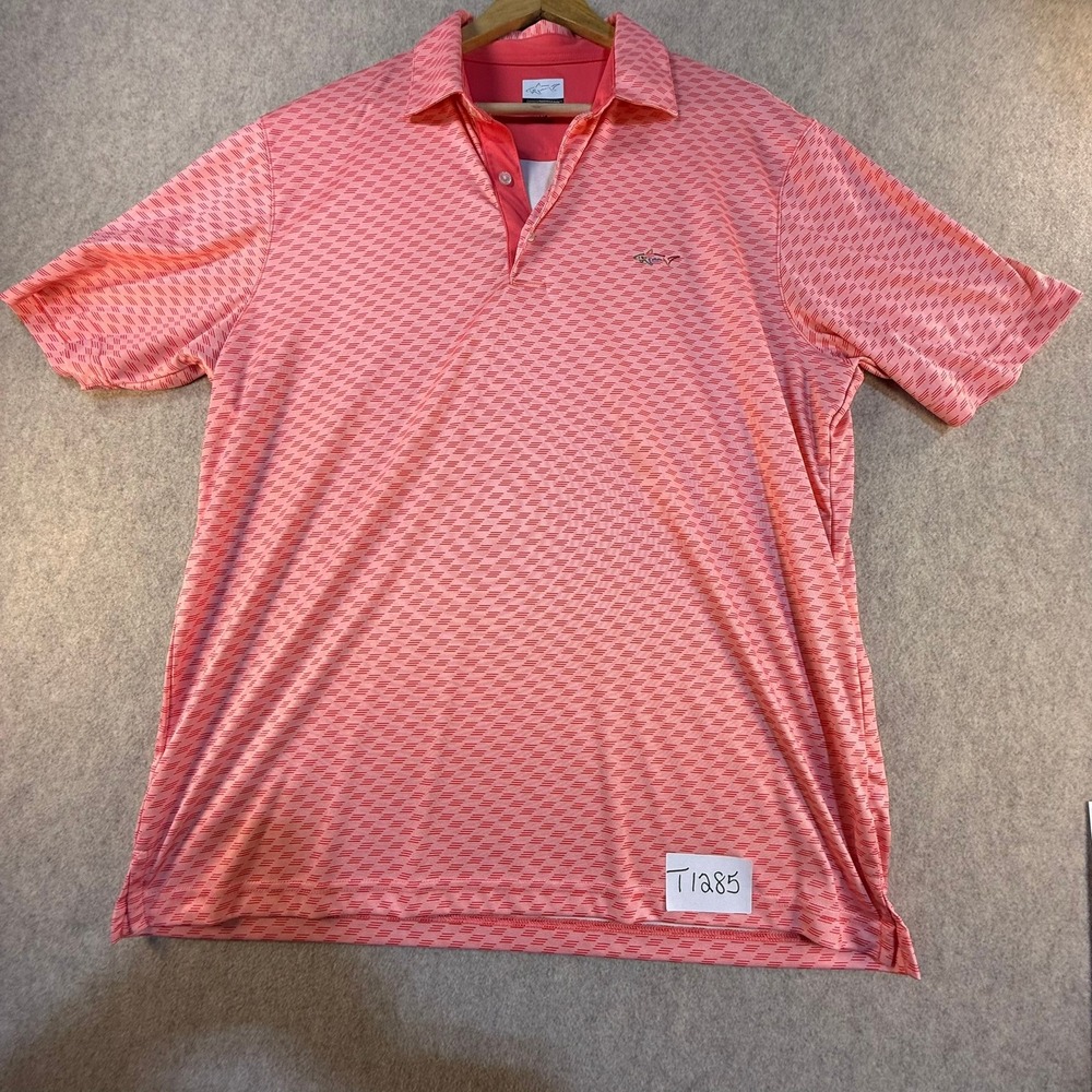 Greg Norman Play Dry Mens Large Coral Geometric Print Golf Polo Shirt Shark Logo